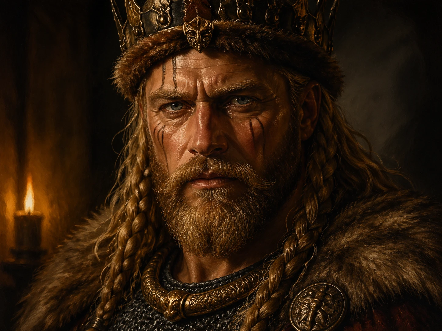 Regal Renaissance-style portrait of a bearded Viking warrior king, weathered fair skin with ritual scars, intense steely gray eyes under furrowed brow — GPT Image 2