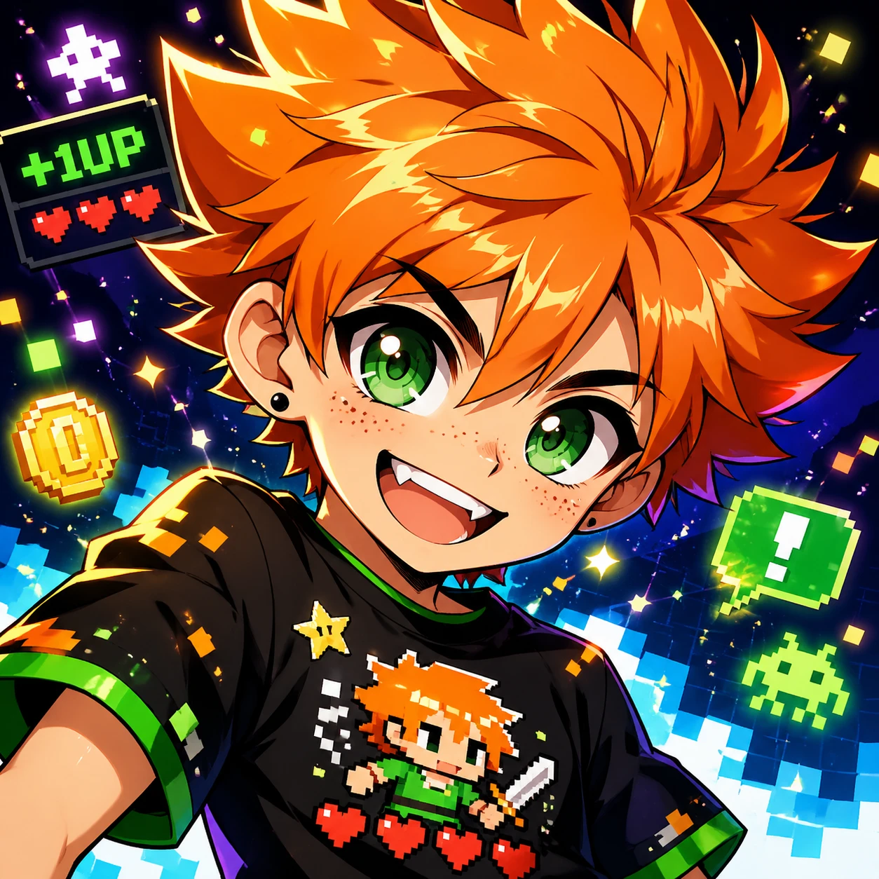 Cute anime-style avatar of a cheerful teenage boy with spiky orange hair, large sparkling green eyes, freckles across nose, wearing a graphic t-shirt  — GPT Image 2