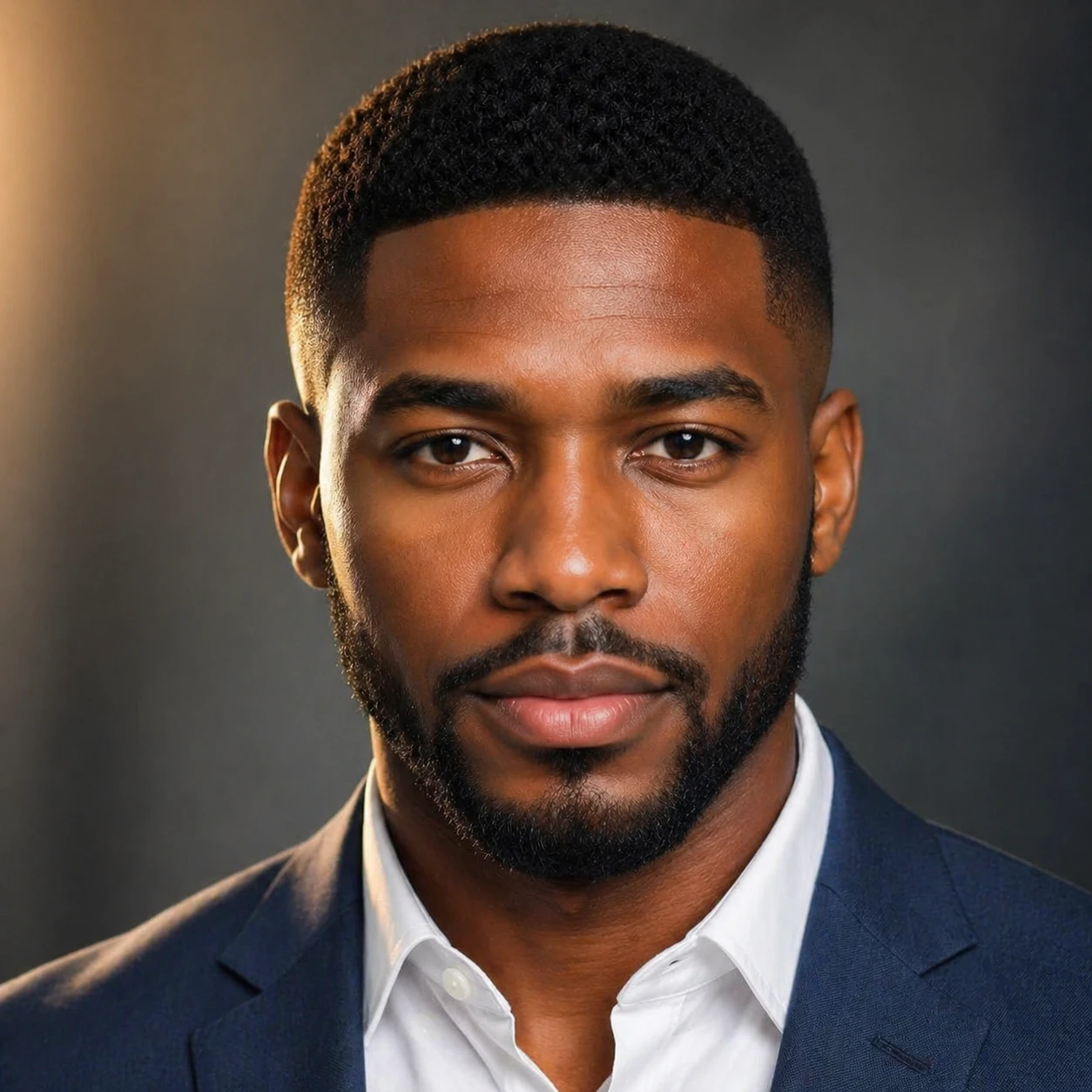Transform into a modern professional LinkedIn portrait, enhance with subtle blue suit jacket, add warm key lighting from the side creating gentle shad — GPT Image 2