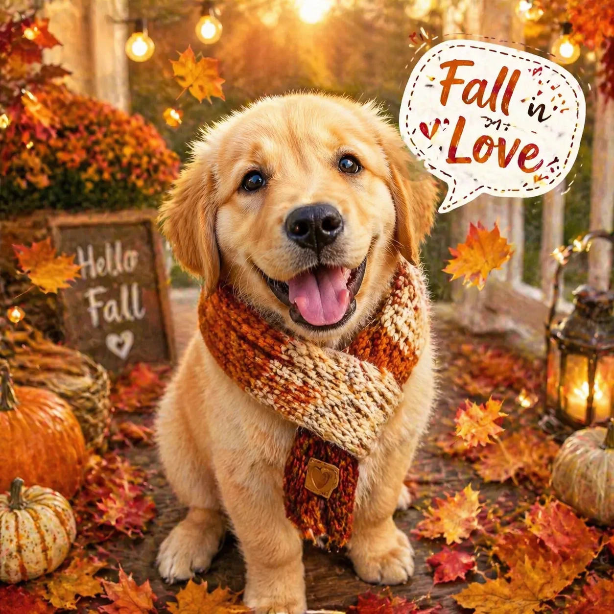 Style into whimsical autumn scene with puppy wearing knit scarf, surrounded by falling colorful leaves and pumpkins, cozy porch setting with string li — GPT Image 2