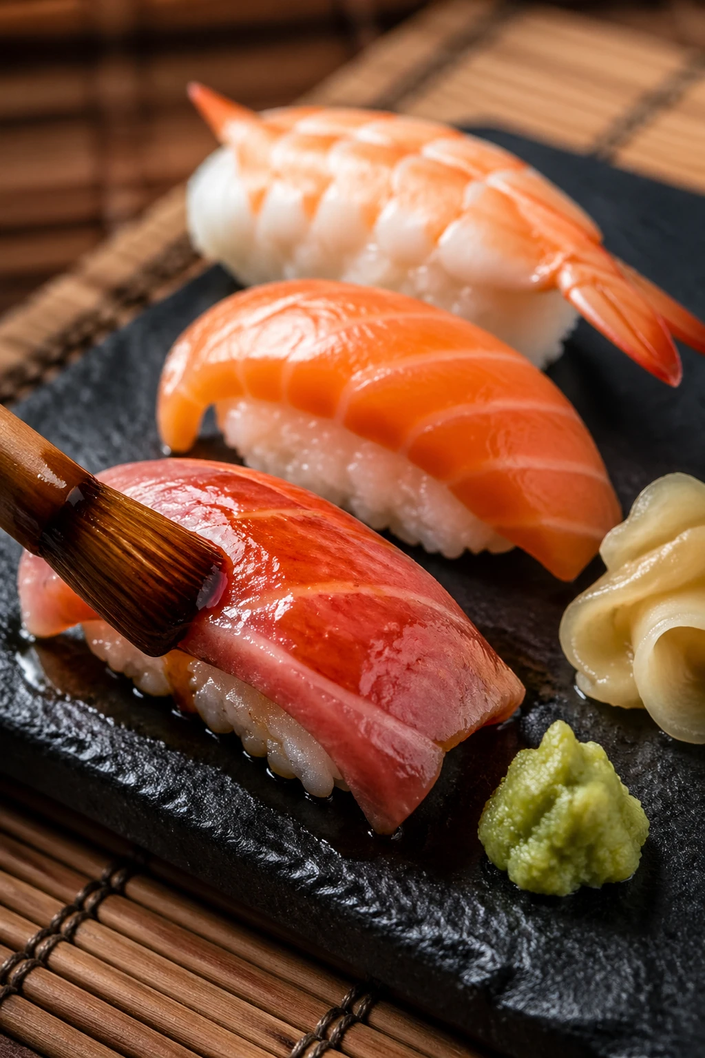 Artistic close-up of freshly sliced nigiri sushi: fatty tuna glistening with soy sauce brush, salmon rosy and fresh, shrimp tail curled, wasabi dollop — GPT Image 2