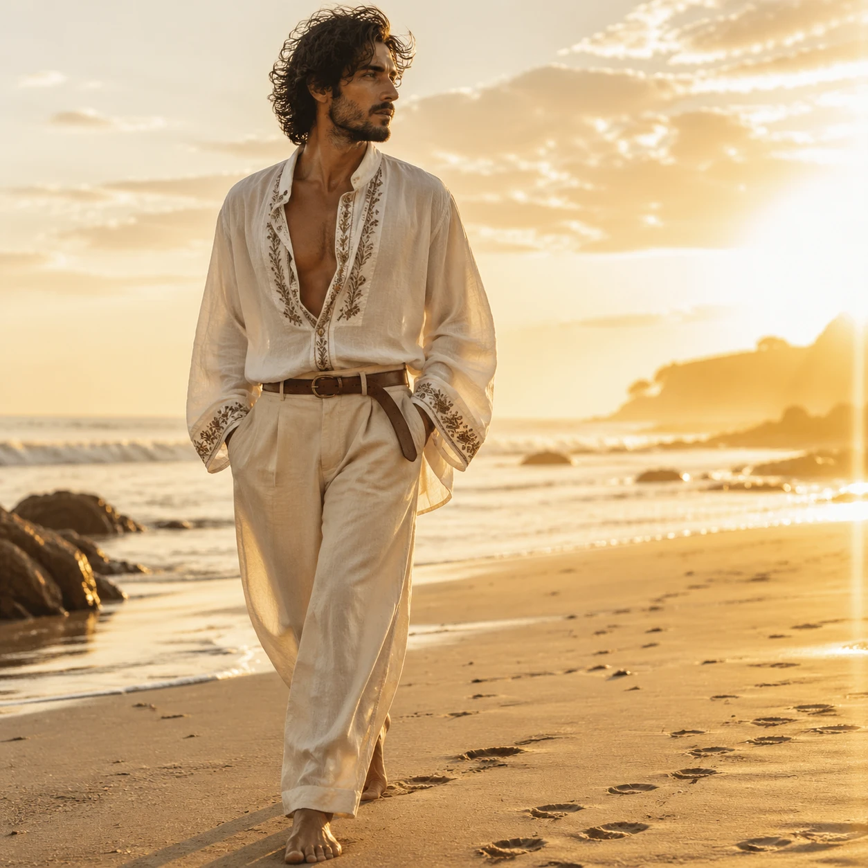 High-fashion runway-inspired shot of a male model in bohemian linen shirt with embroidered details, wide-leg trousers, and leather belt, barefoot on s — GPT Image 2