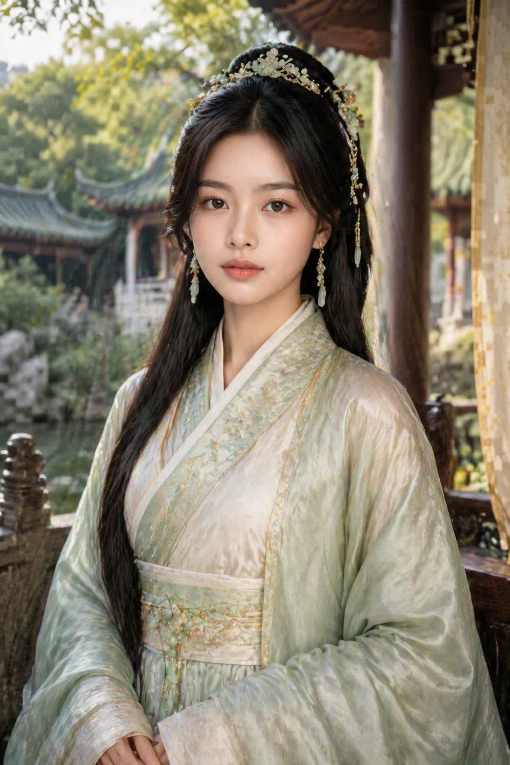dress this person in authentic Han dynasty Hanfu clothing, traditional cross-collar robe in silk with flowing wide sleeves, jade accessories and tradi — GPT Image 2