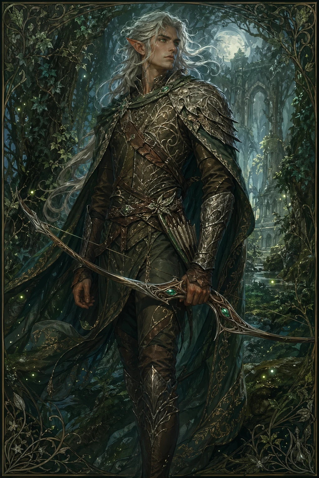 Epic full-body portrait of a noble elven ranger in ornate leather armor reinforced with silver leaf pauldrons and vine-etched breastplate, long silver — GPT Image 2