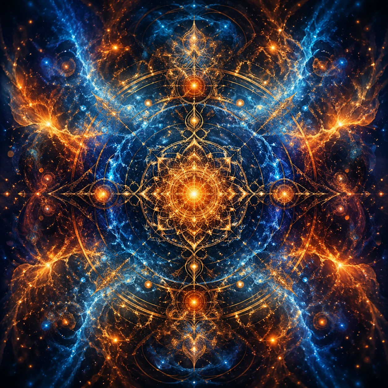 Intricate abstract fractal patterns in deep cosmic blues, radiant golds, and fiery oranges, evoking a swirling galaxy nebula. Layers of glowing plasma — GPT Image 2