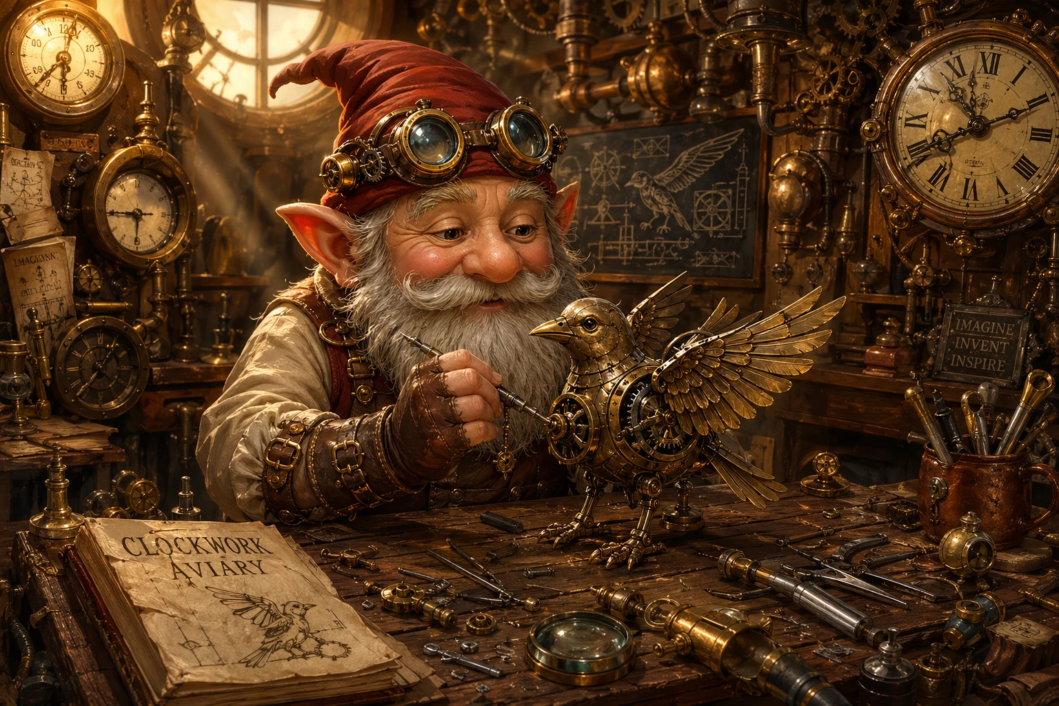 Charming digital illustration of a steampunk inventor gnome in a cluttered Victorian workshop, tinkering with brass clockwork bird. Goggles on forehea — GPT Image 2