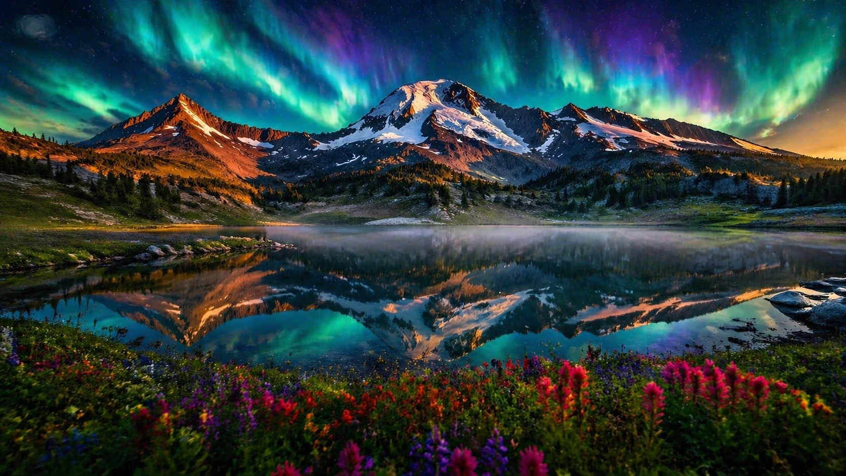 Enhance with vibrant aurora borealis dancing across the night sky transitioning from sunset, add subtle mist rising from the lake, boost color saturat — GPT Image 2