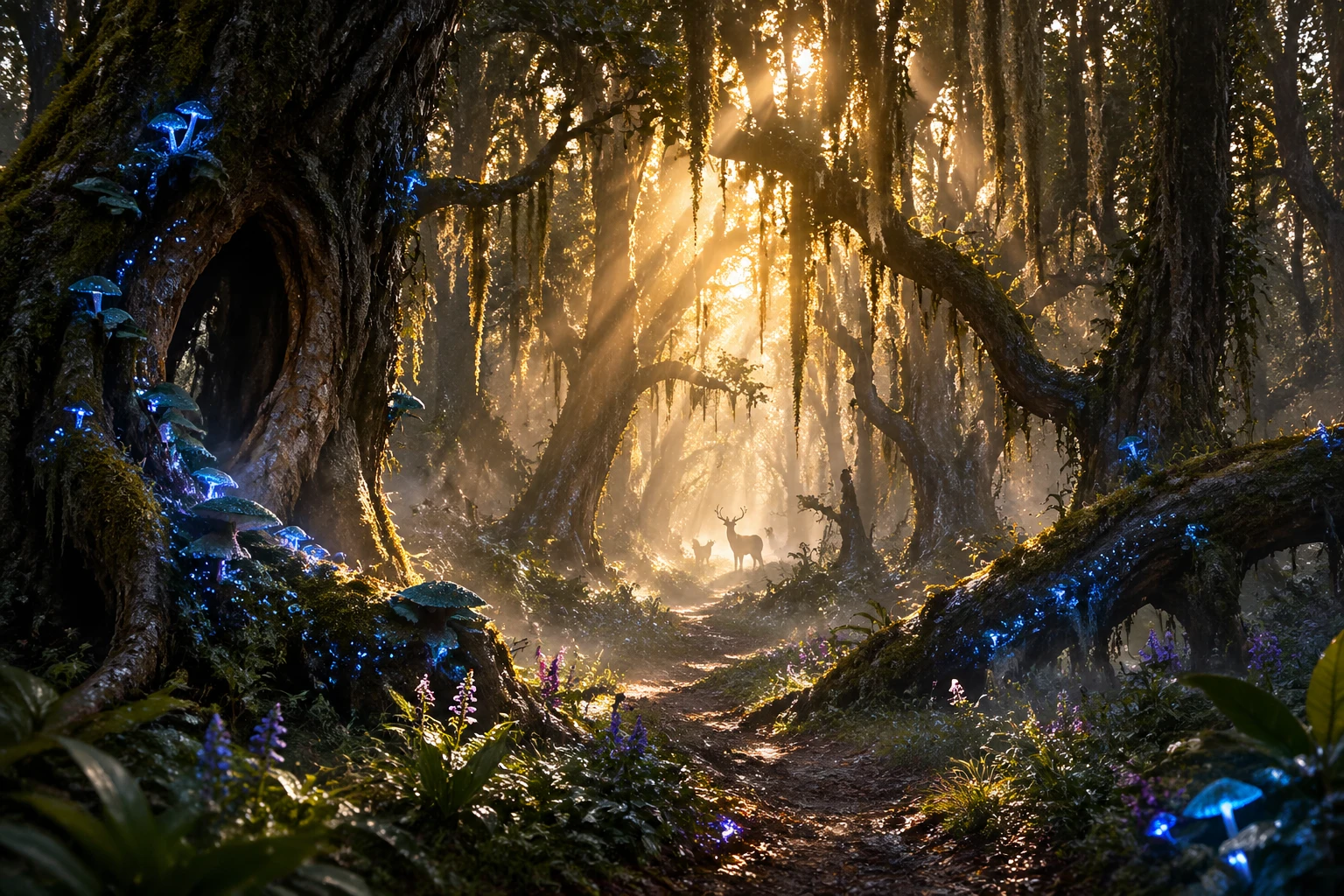 Mystical enchanted forest path at dawn, ancient gnarled trees draped in Spanish moss glowing with bioluminescent fungi. Shafts of soft sunlight pierce — GPT Image 2