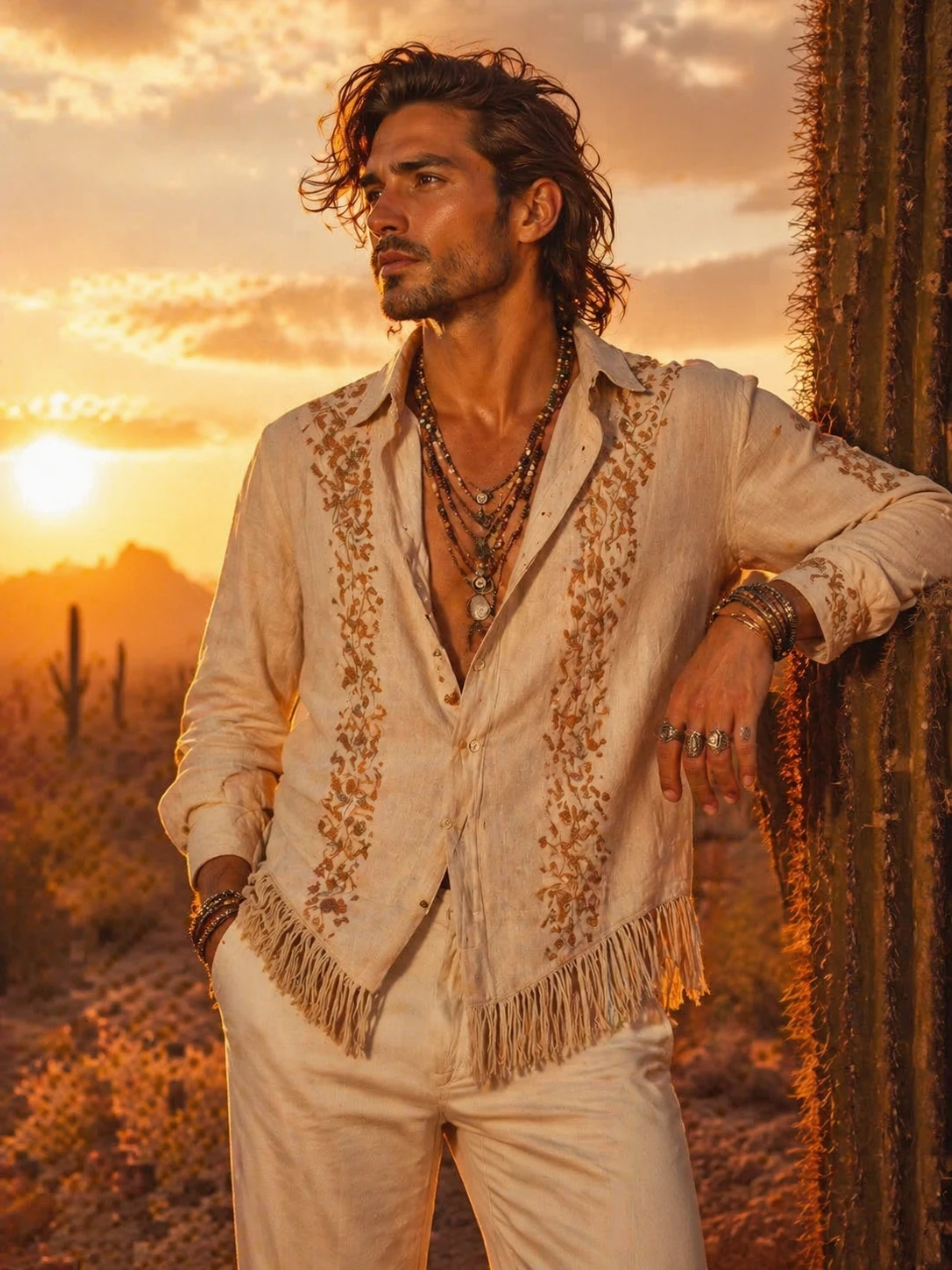 Transform outfit into chic boho style with embroidery details, fringe accents, and layered jewelry, place model in golden desert landscape at sunset w — GPT Image 2