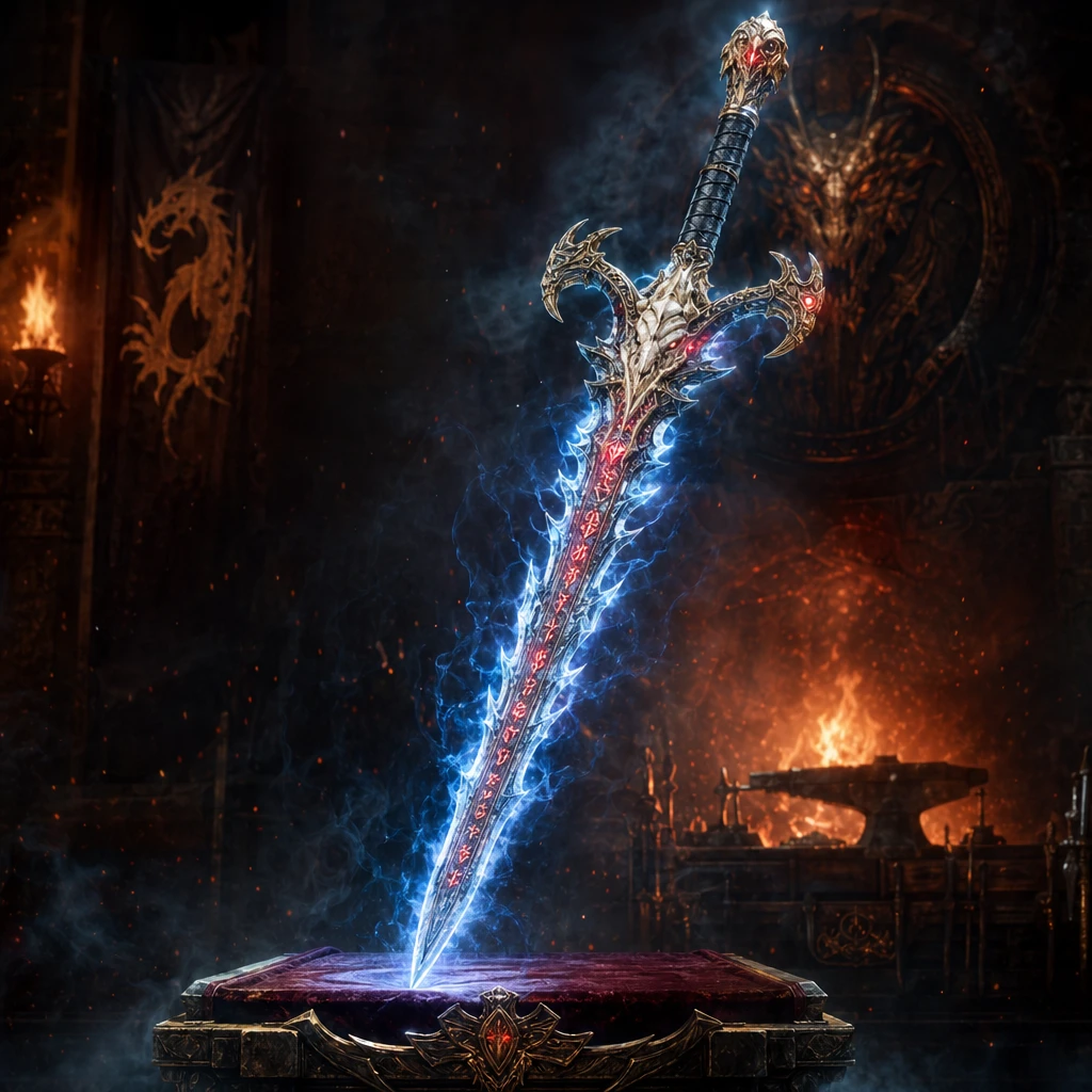 Intricate fantasy weapon design: a glowing enchanted longsword forged from ancient dragon bone and embedded with pulsing crimson runes, hilt wrapped i — GPT Image 2