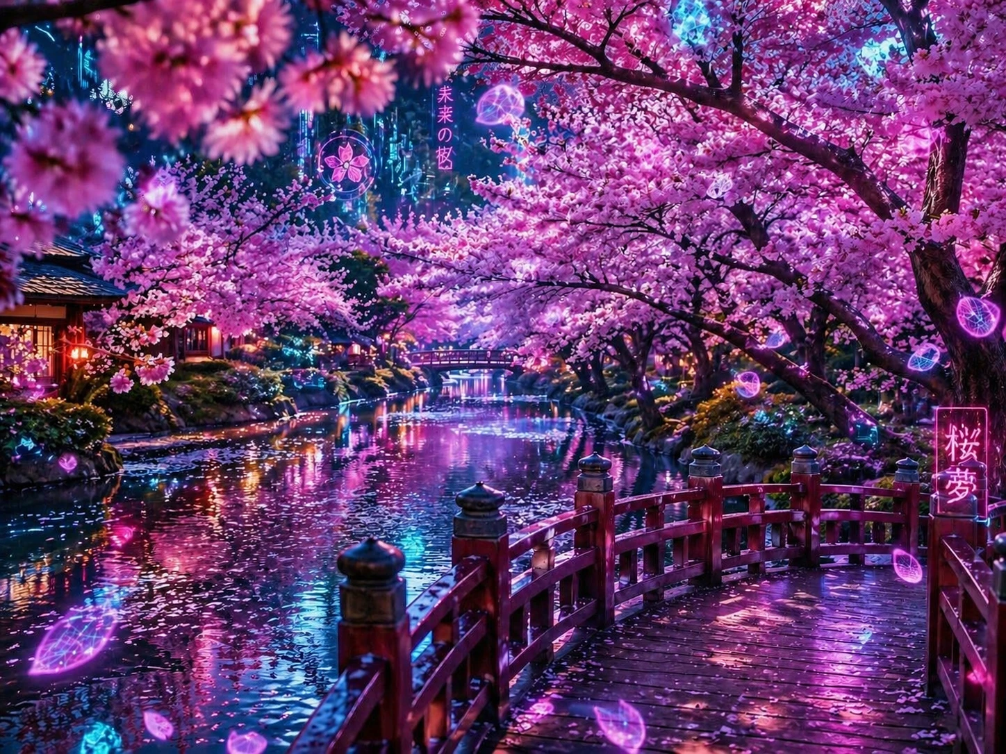 Shift to cyberpunk fusion by adding subtle neon underglow to river reflections and holographic sakura petals, blend traditional with futuristic glows, — GPT Image 2