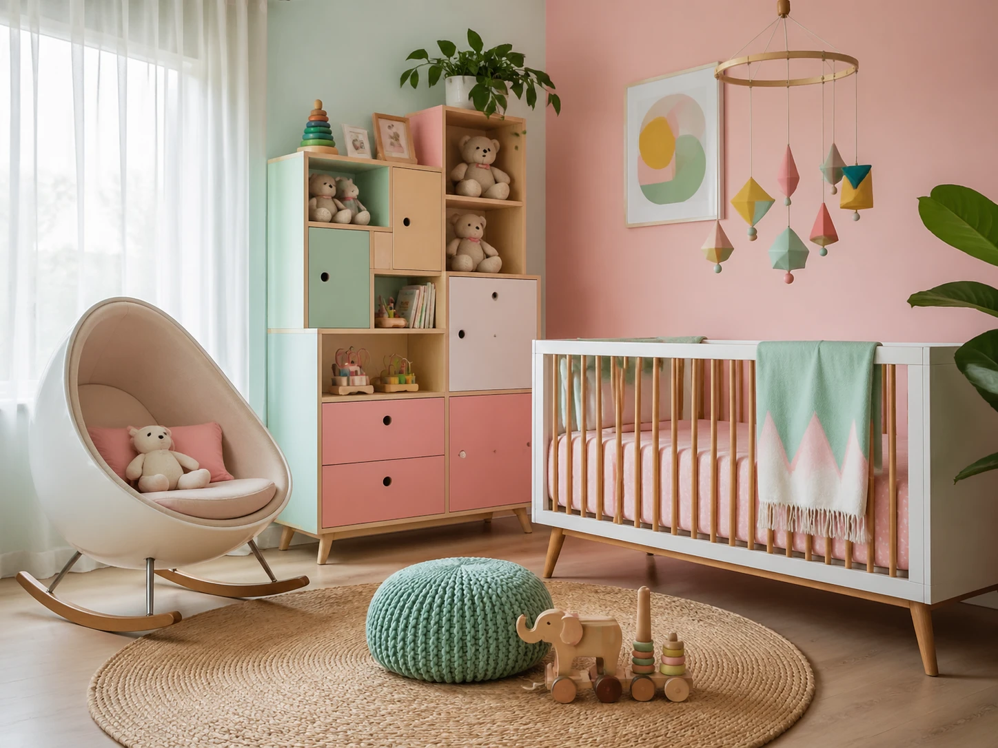 Vibrant mid-century modern nursery redesign with pastel pink and mint walls, egg-shaped rocking chair, modular shelving with stuffed animals and woode — GPT Image 2