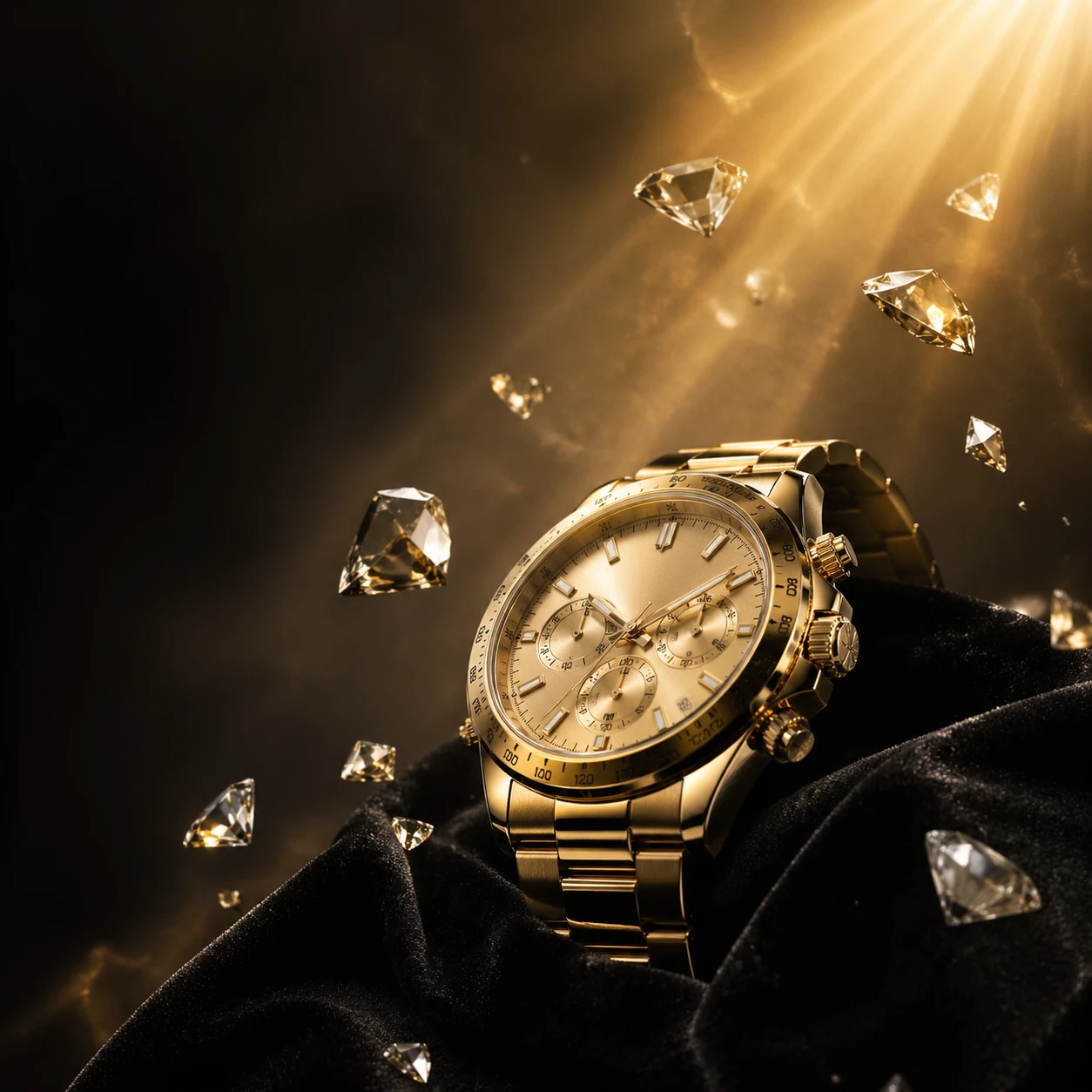 Sleek luxury watch advertisement creative with a close-up of an elegant gold chronograph on black velvet, surrounded by floating diamond shards and so — GPT Image 2