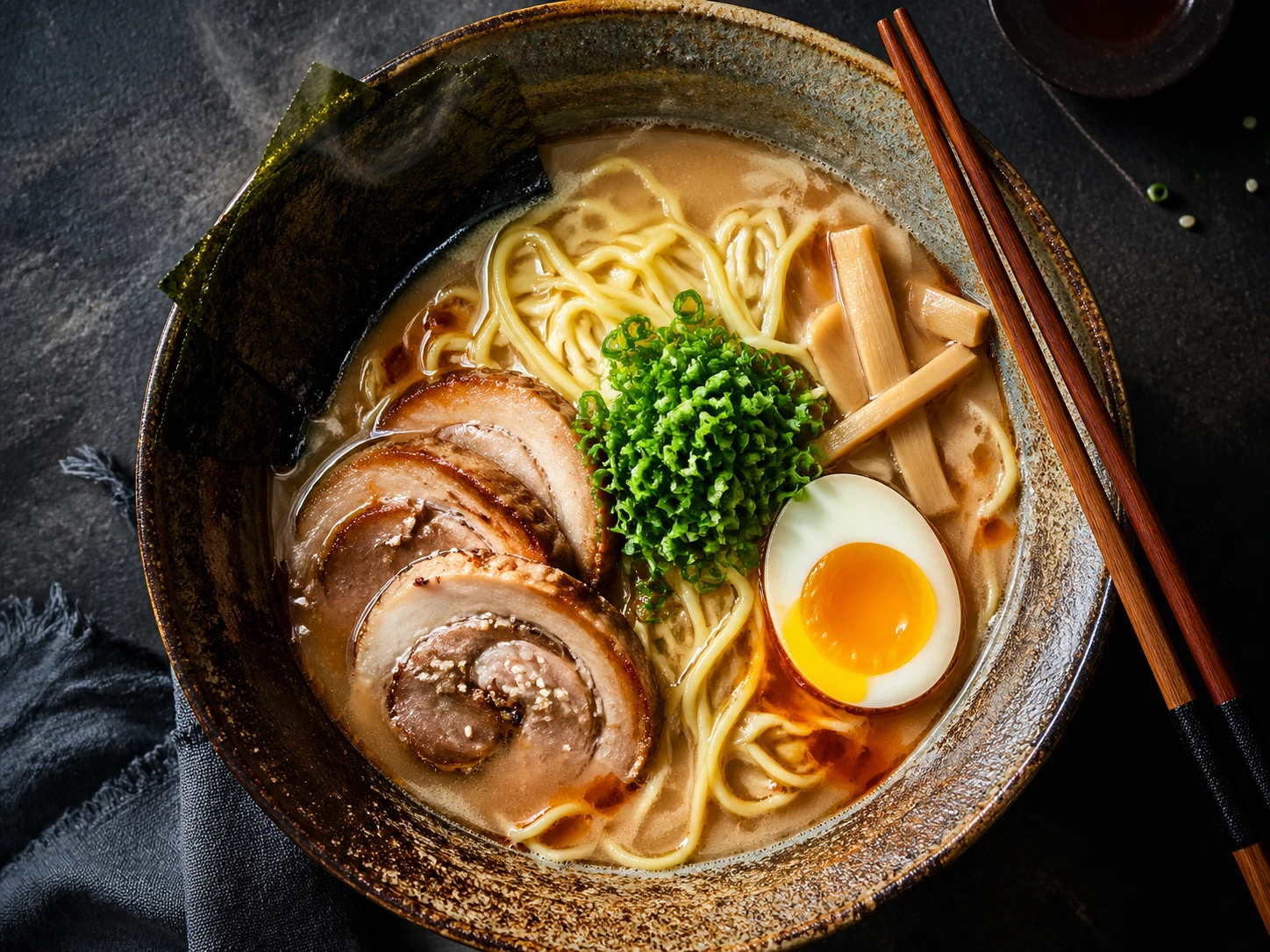 Overhead view of steaming bowl of ramen noodles in rich tonkotsu broth: golden egg half with runny yolk, tender pork chashu slices, green onions chopp — GPT Image 2