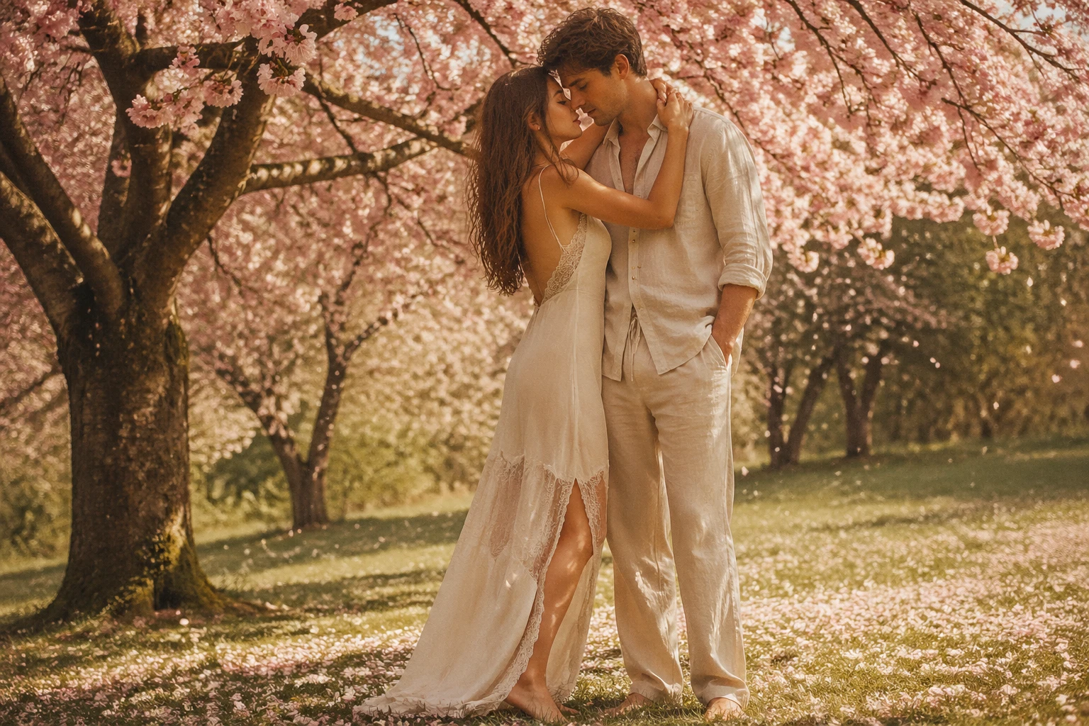 Romantic couple styling: woman in lace-trimmed slip dress and man in matching linen set, embracing under cherry blossoms in spring park, soft pink pet — GPT Image 2