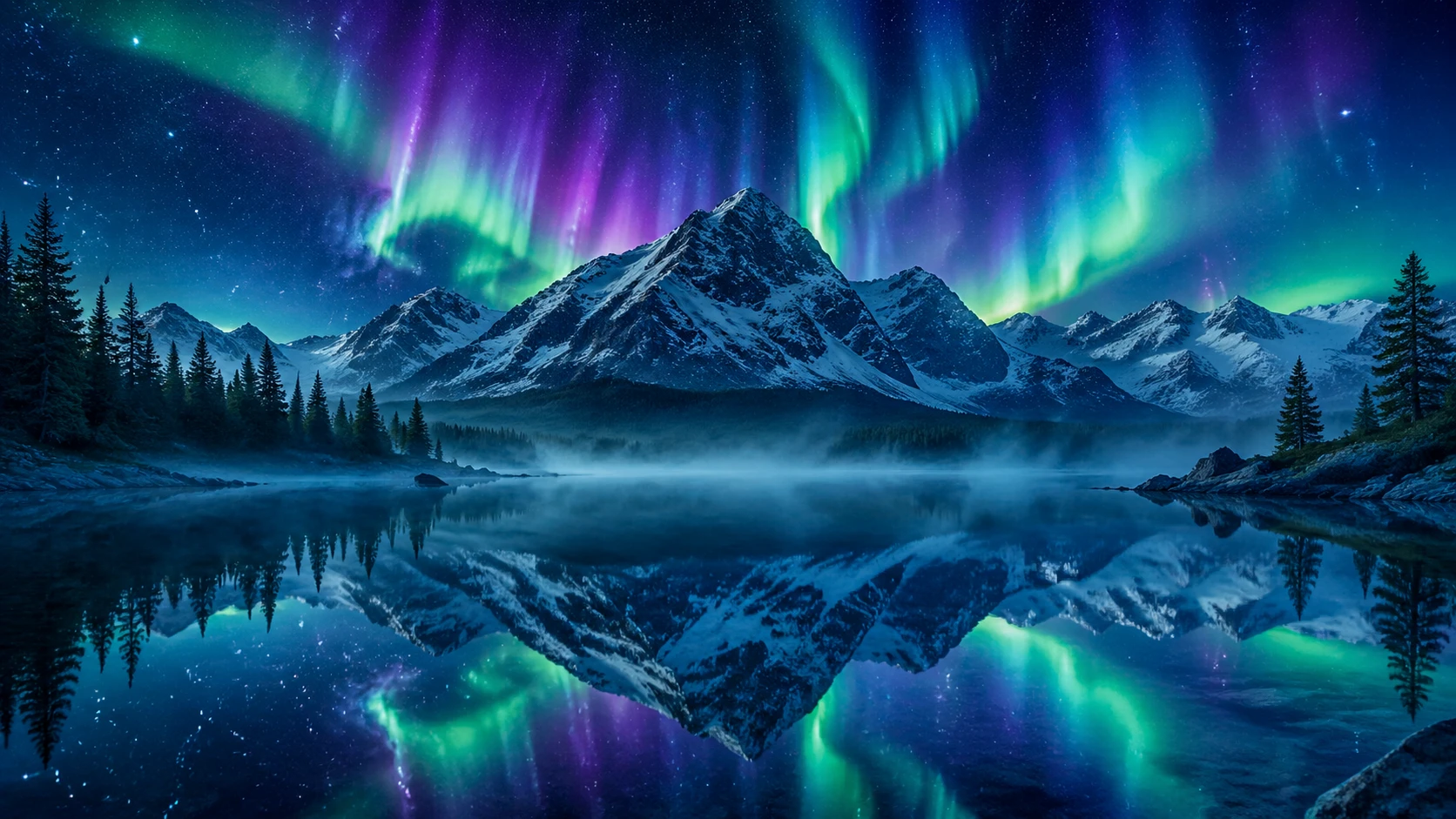 A majestic landscape of towering snow-capped mountains under a vibrant aurora borealis swirling in greens, purples, and blues across a starry night sk — GPT Image 2