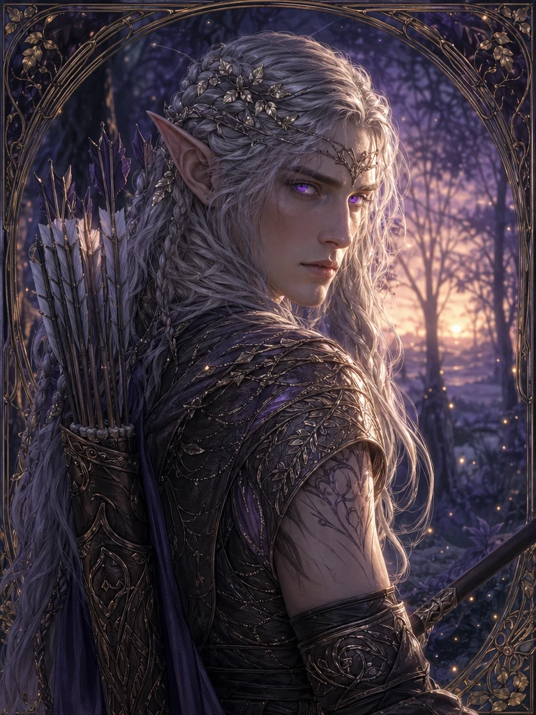 Epic fantasy portrait of a noble elven archer, pale luminous skin, pointed ears adorned with silver leaves, long silver hair braided with vines, pierc — GPT Image 2