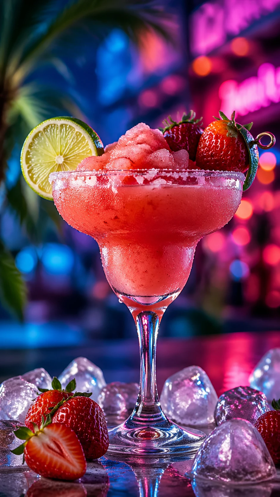 Vertical portrait of a refreshing strawberry margarita cocktail: salt-rimmed glass with lime wheel perch, frozen pink slush, fresh strawberries skewer — GPT Image 2