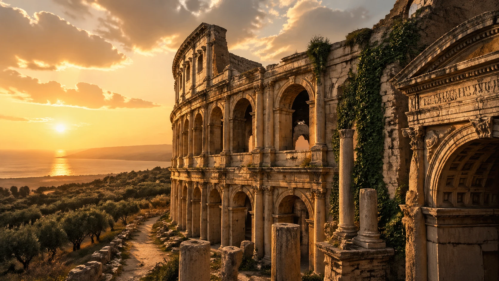 Majestic ancient Roman colosseum ruins bathed in warm Mediterranean sunset light, weathered stone arches and columns with intricate carvings, overgrow — GPT Image 2