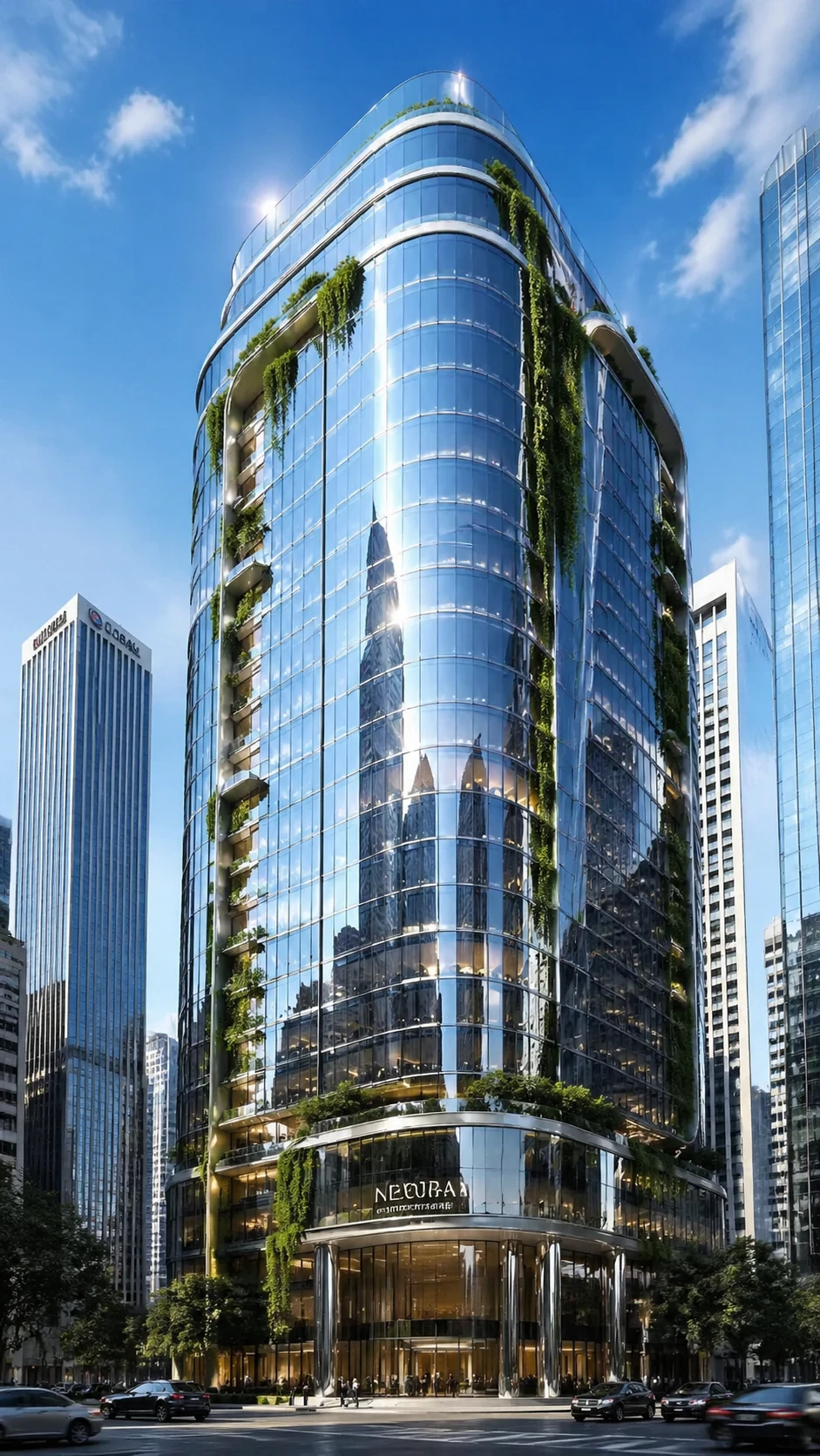 Sleek corporate office building with curved glass curtain wall facade in a vibrant city center, dynamic reflections of surrounding skyscrapers and blu — GPT Image 2