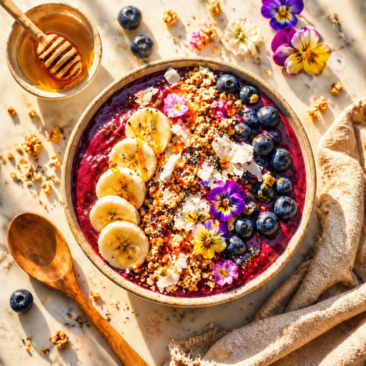 Assemble ingredients into a vibrant acai smoothie bowl topped with coconut flakes, edible flowers, and honey drizzle, add wooden spoon and linen napki — GPT Image 2