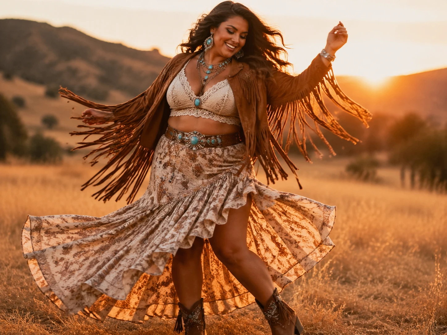 Festival-ready boho outfit on a curvy model: fringed suede jacket over crop top, maxi skirt with asymmetrical hem, layered turquoise jewelry, and ankl — GPT Image 2