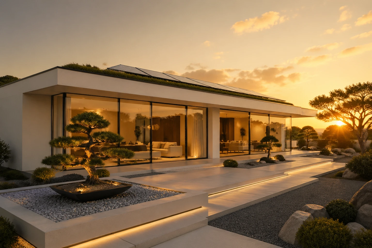 Elegant minimalist modern residence exterior during golden hour sunset, sleek white stucco walls with expansive floor-to-ceiling glass windows, flat g — GPT Image 2