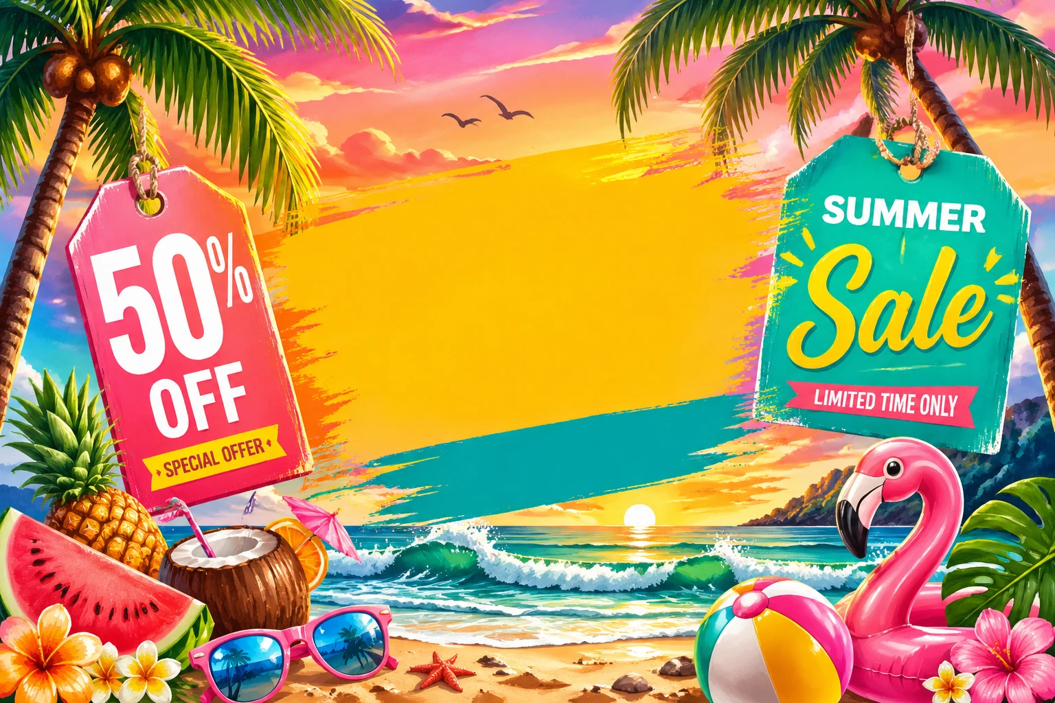 Tropical summer sale banner illustration showing a pristine turquoise beach at sunset with palm trees swaying, golden sands, crashing waves, and overs — GPT Image 2