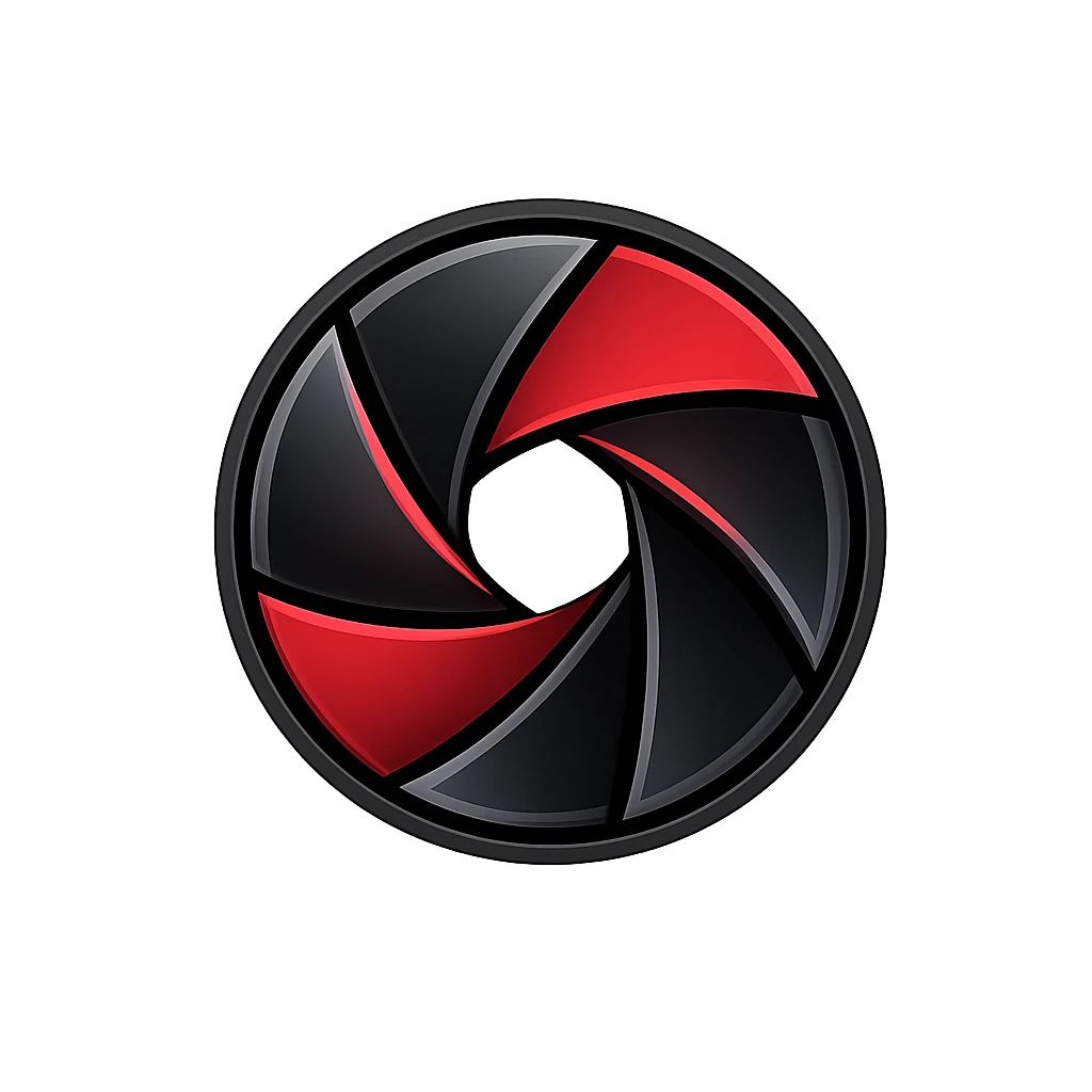 Geometric flat logo for a photography app, centered on a stylized camera lens with aperture blades forming a starburst pattern in matte black and crim — GPT Image 2