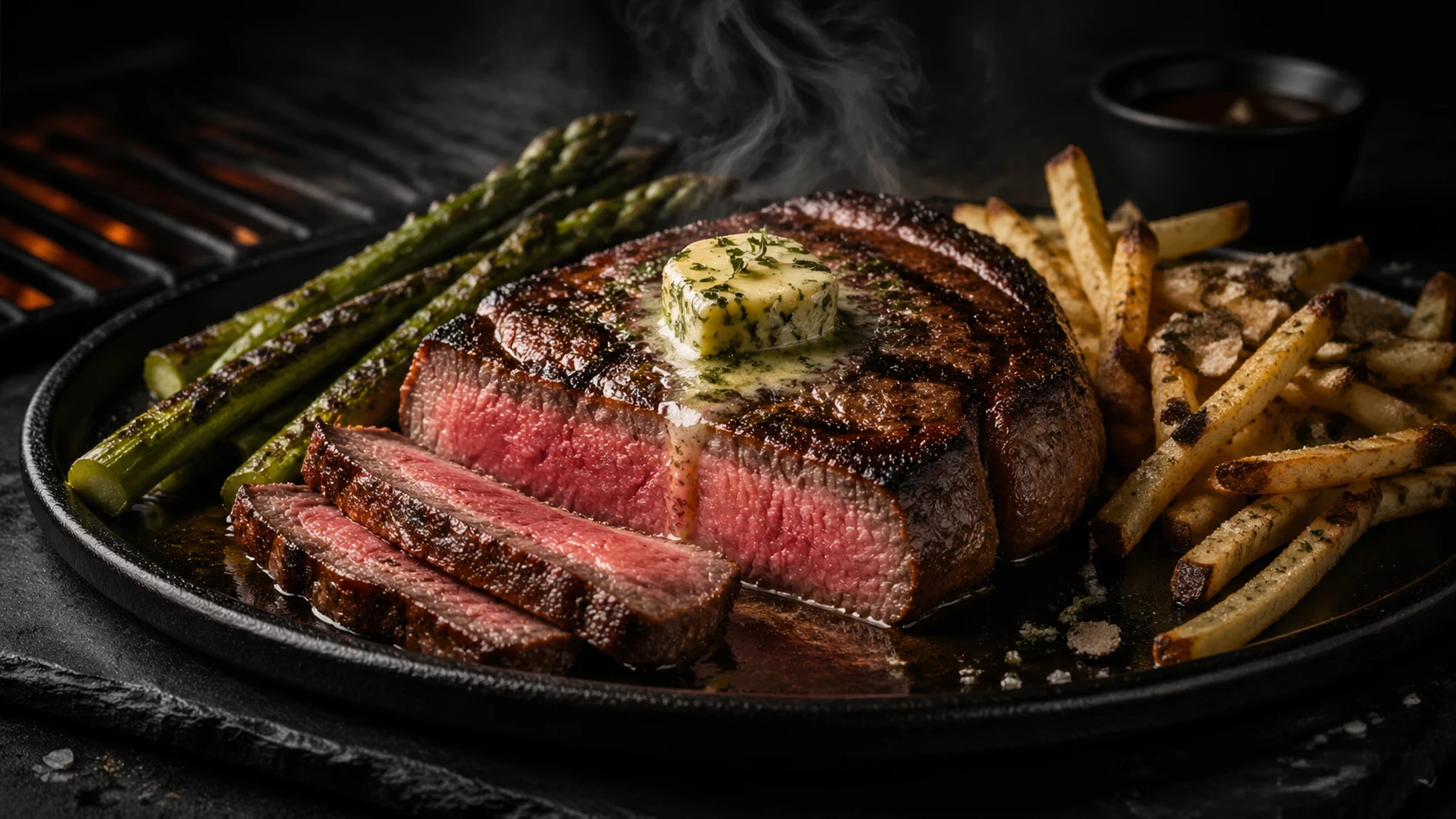 Dramatic wide-angle of grilled ribeye steak: seared crust with pink juicy center sliced open, herb butter melting atop, asparagus spears charred, truf — GPT Image 2