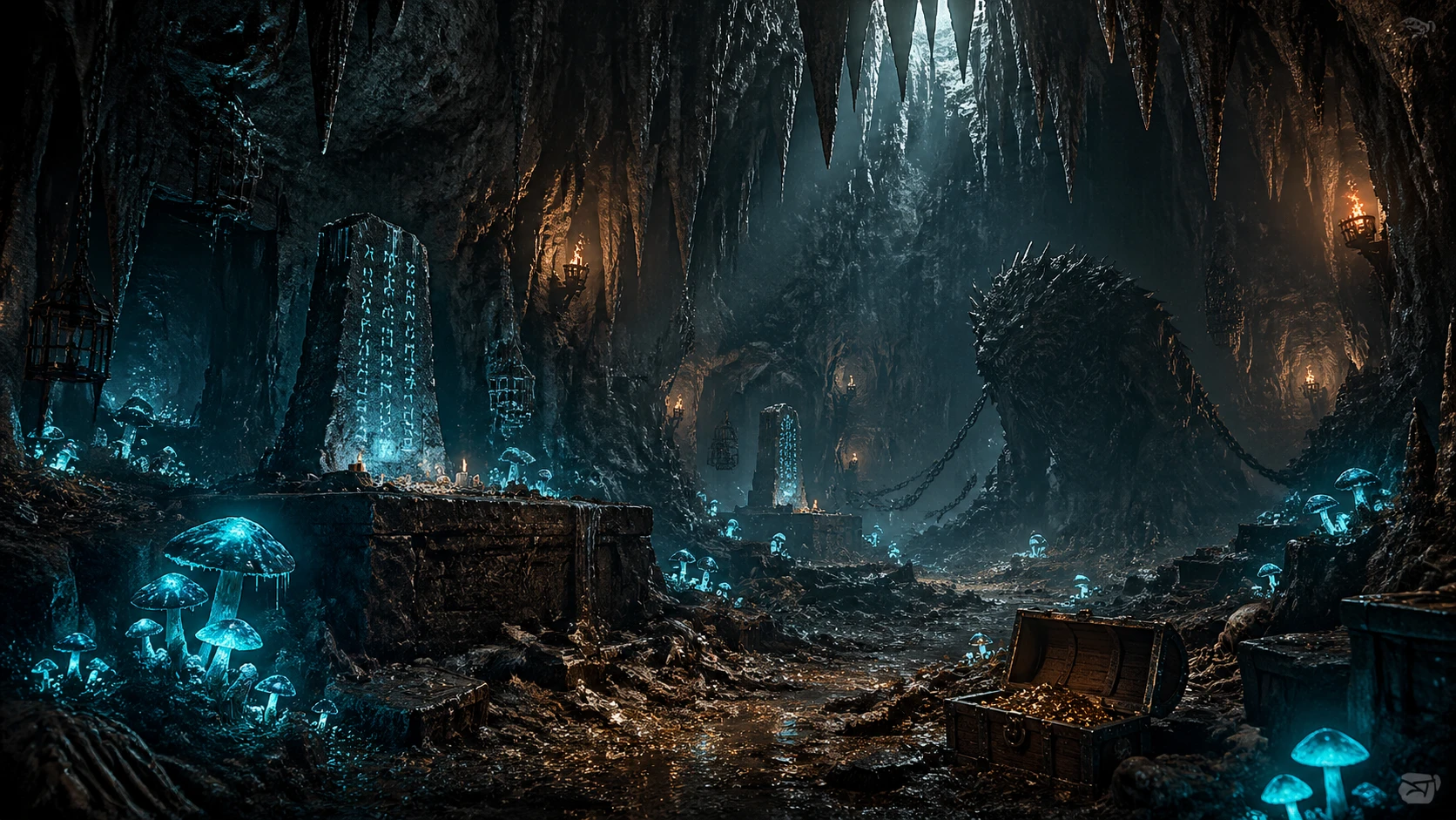 Dark fantasy dungeon environment: vast underground cavern with jagged stalactites dripping water, glowing bioluminescent mushrooms illuminating ancien — GPT Image 2