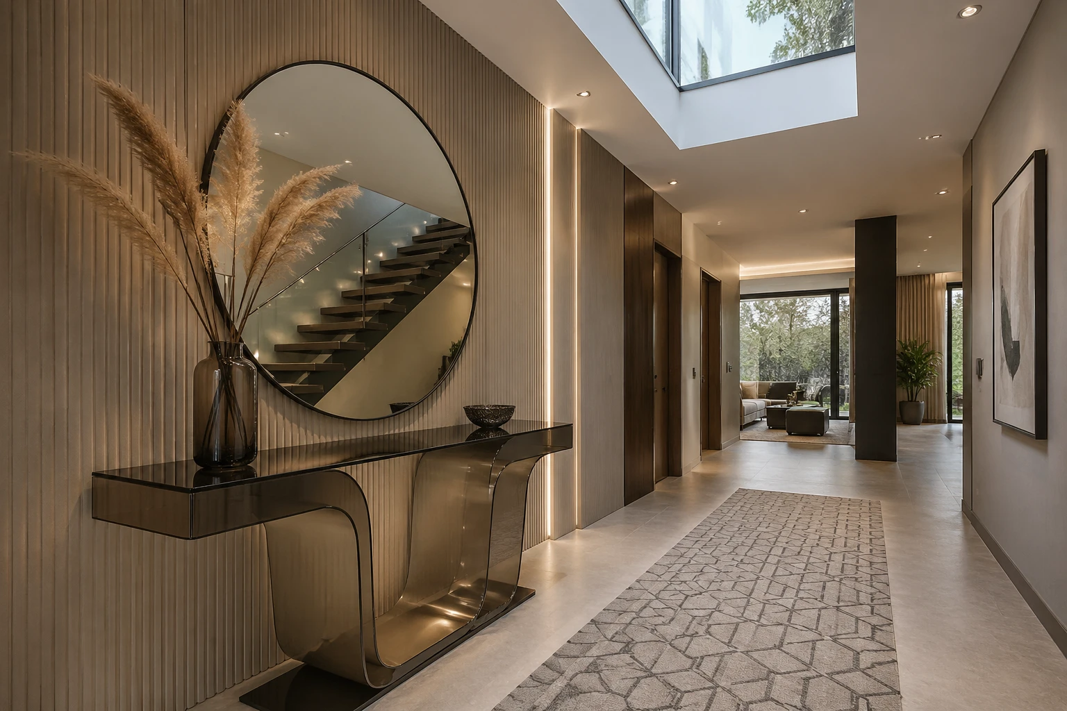 Contemporary entryway foyer with sculptural console table in smoked glass and steel, oversized round mirror reflecting floating staircase, textured wa — GPT Image 2