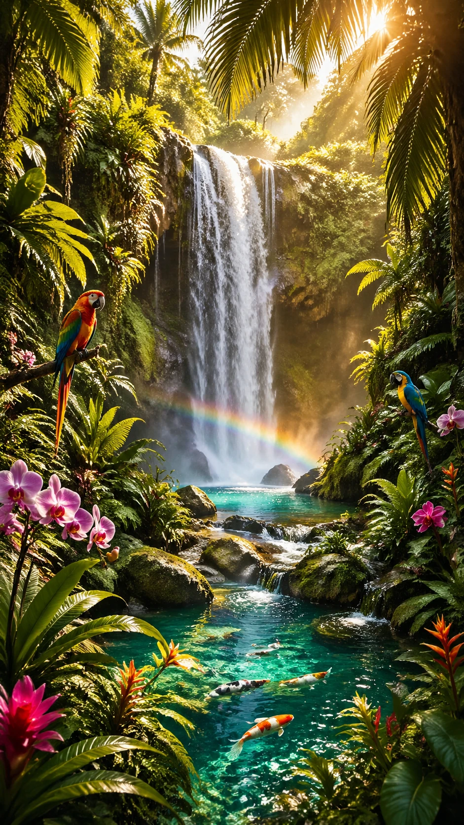 Serene tropical waterfall cascading into a turquoise lagoon surrounded by lush emerald ferns and orchids. Sunlight filters through palm fronds, creati — GPT Image 2