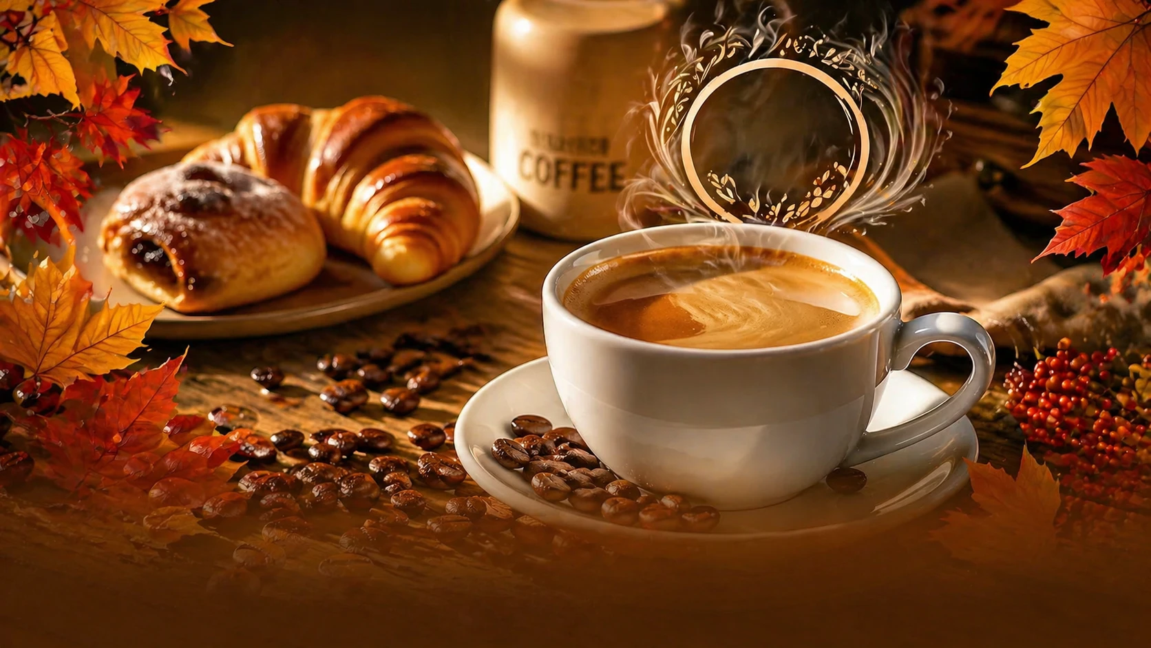 Transform the steam into swirling abstract patterns forming the shape of a coffee shop logo placeholder, add vibrant autumn leaf accents around the ed — GPT Image 2