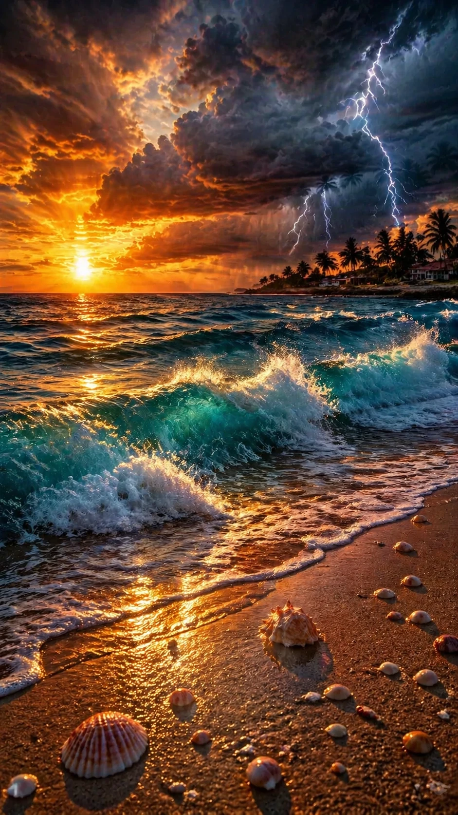 Overlay dramatic stormy clouds gathering on horizon with lightning streaks, add crashing waves with white foam, intensify golden sunlight piercing thr — GPT Image 2