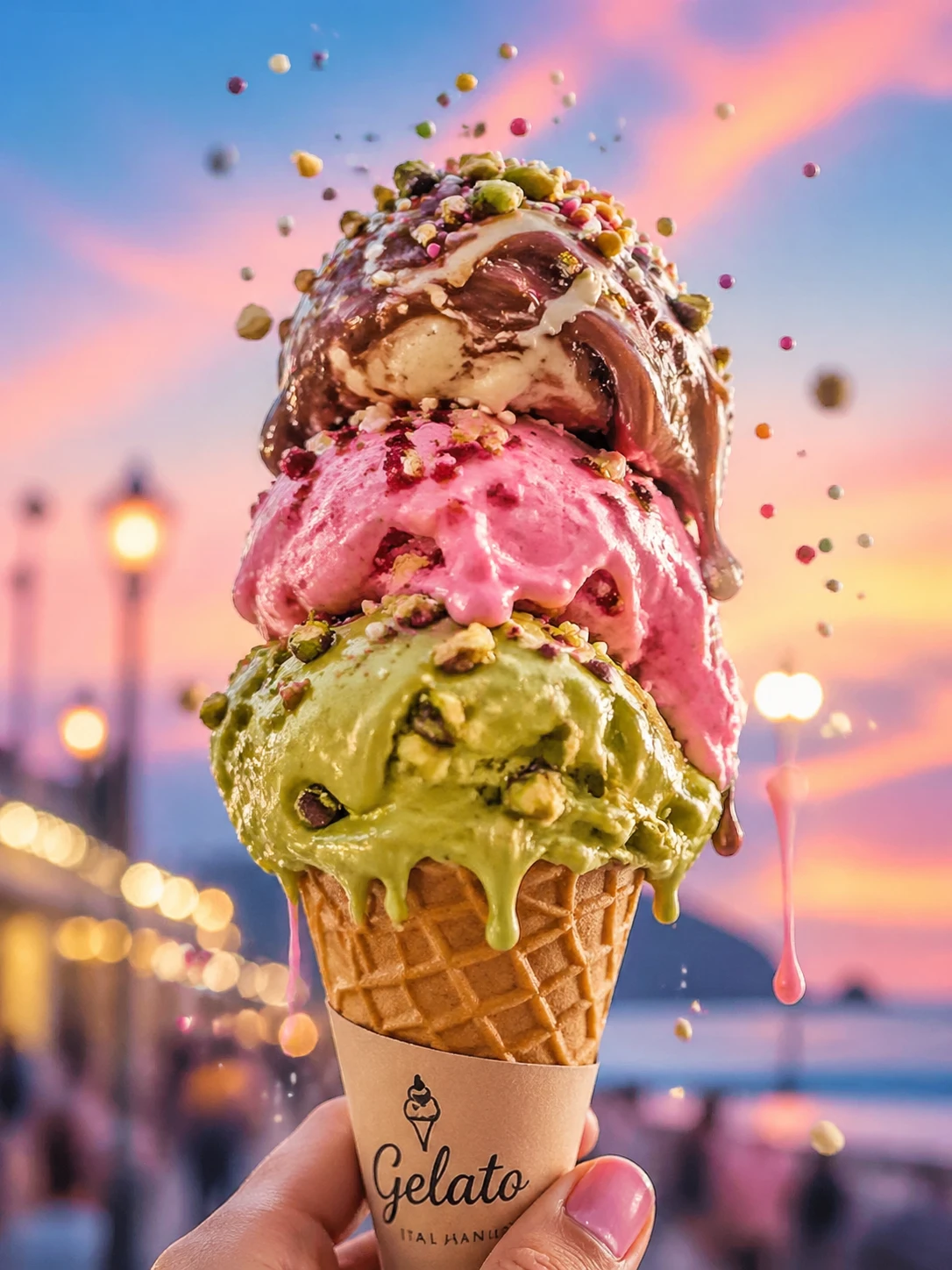 Portrait of a colorful gelato cone: triple scoop of pistachio green, strawberry pink, chocolate swirl in waffle cone, sprinkles cascading, drips froze — GPT Image 2