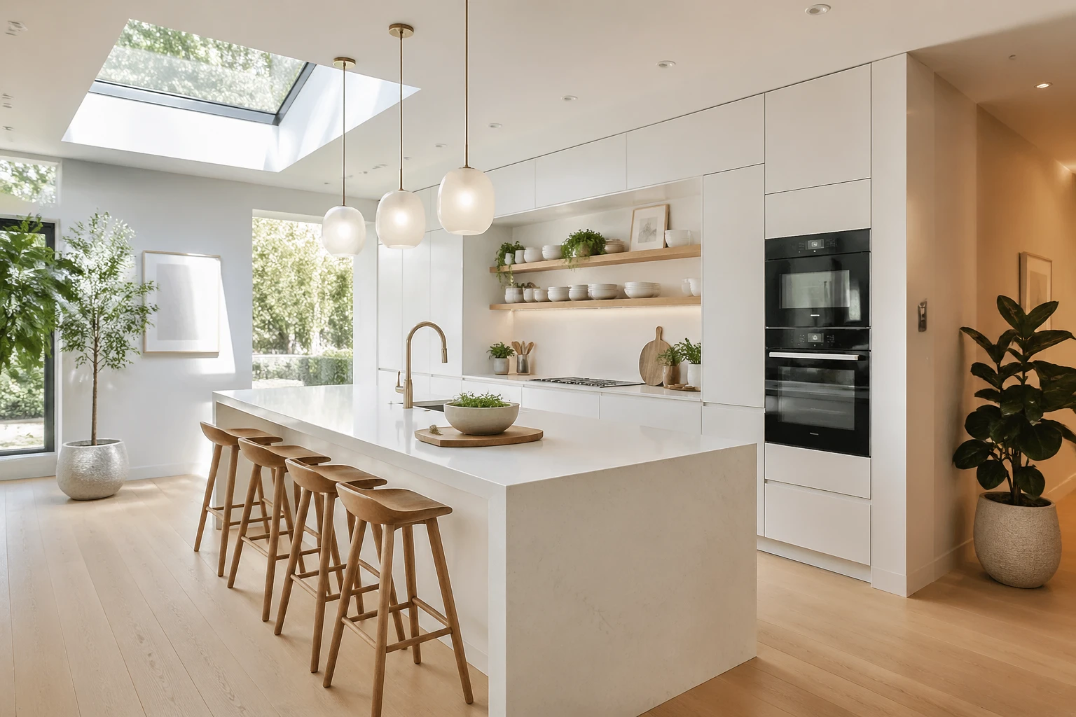 Minimalist Scandinavian kitchen redesign with matte white cabinetry, quartz waterfall island countertop, integrated appliances, pendant lights with fr — GPT Image 2