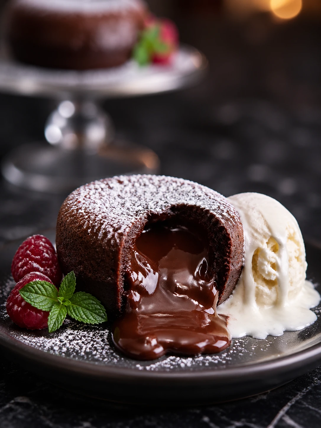 Elegant vertical composition of a decadent chocolate lava cake: molten center spilling rich ganache as it's cut open, powdered sugar dusting, vanilla  — GPT Image 2