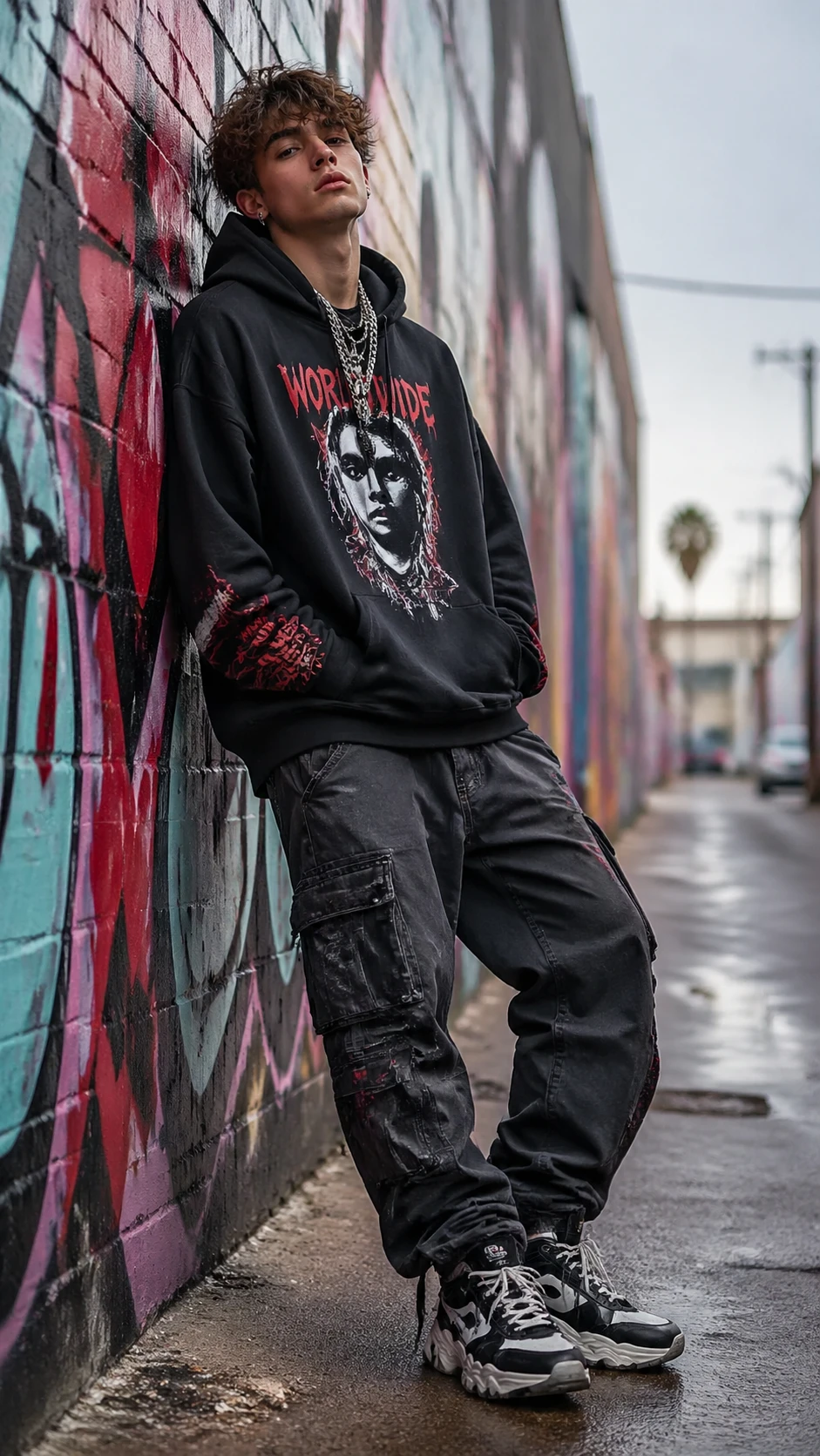 Vibrant streetwear styling photo of a teenage model in oversized graphic-printed hoodie, baggy cargo pants, chunky sneakers, and layered chains, leani — GPT Image 2