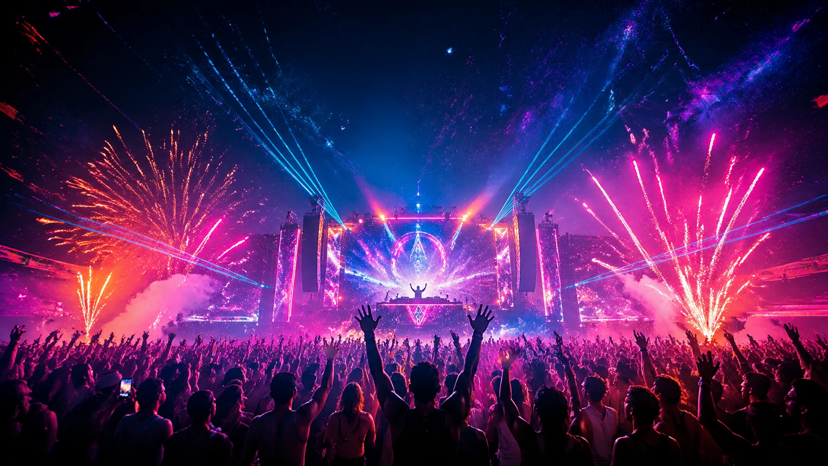 Vibrant music festival poster background featuring a massive crowd under explosive fireworks and laser lights on a neon-lit stage, dynamic energy with — GPT Image 2
