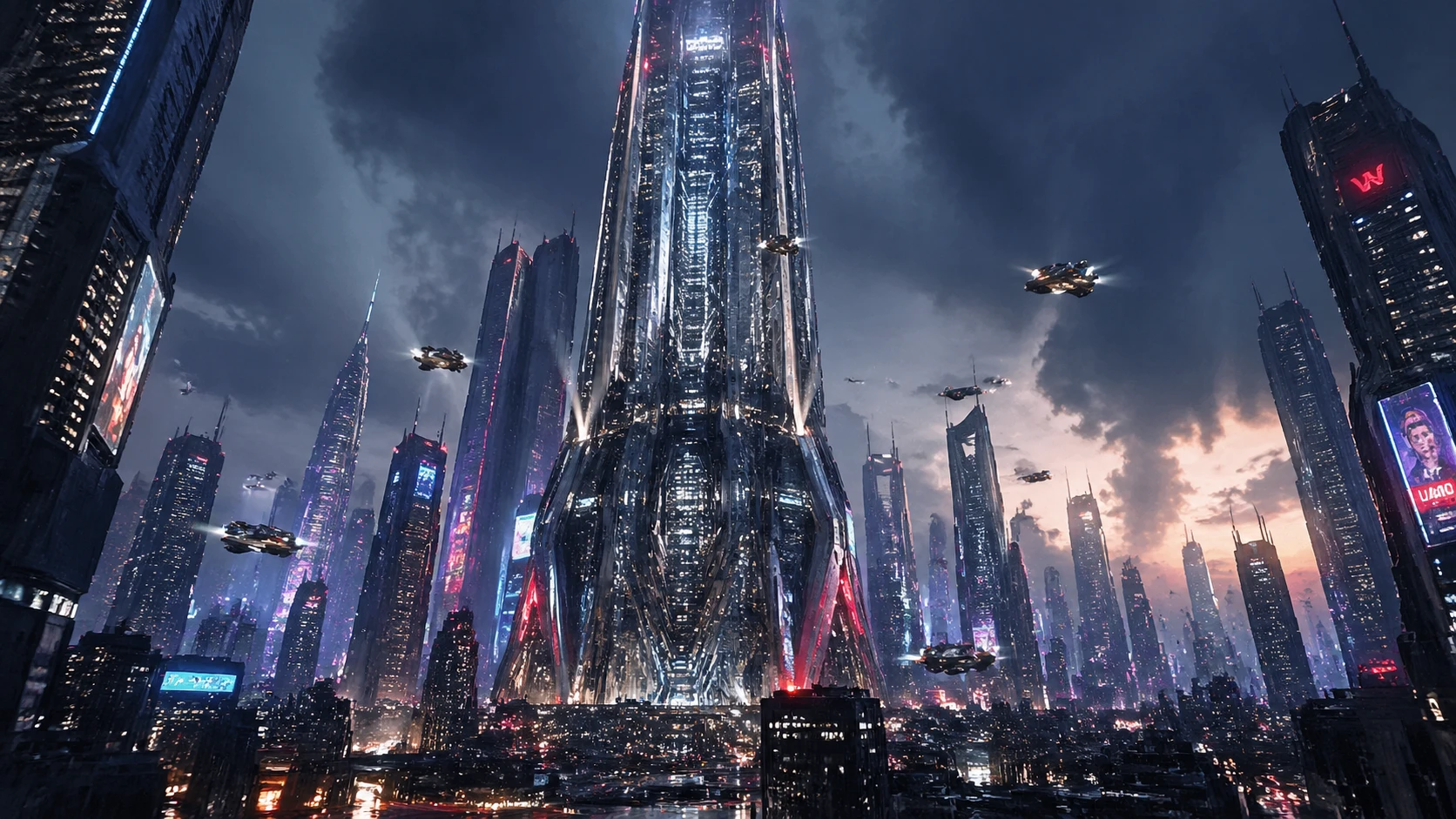 Photorealistic render of a towering futuristic skyscraper in a bustling cyberpunk metropolis at dusk, neon lights reflecting on rain-slicked glass fac — GPT Image 2