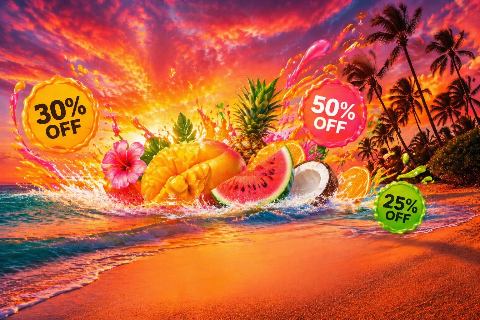 Overlay bold tropical fruit illustrations and splashes of juicy colors like mango yellow and watermelon pink bursting from the horizon, add wavy disco — GPT Image 2