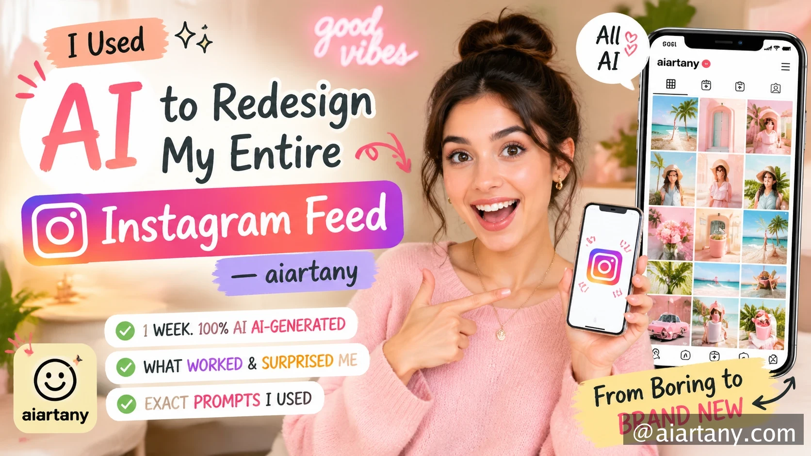 Generate YouTube cover for this video title: I Used AI to Redesign My Entire Instagram Feed — aiartany

I spent a week generating all my social media  — GPT Image 2