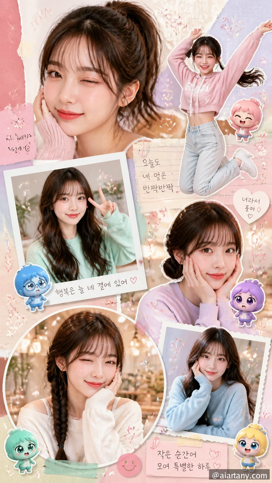 Asymmetrical modern scrapbook style photo collage featuring a young woman using the exact face from the reference image, preserving identity, proporti — GPT Image 2