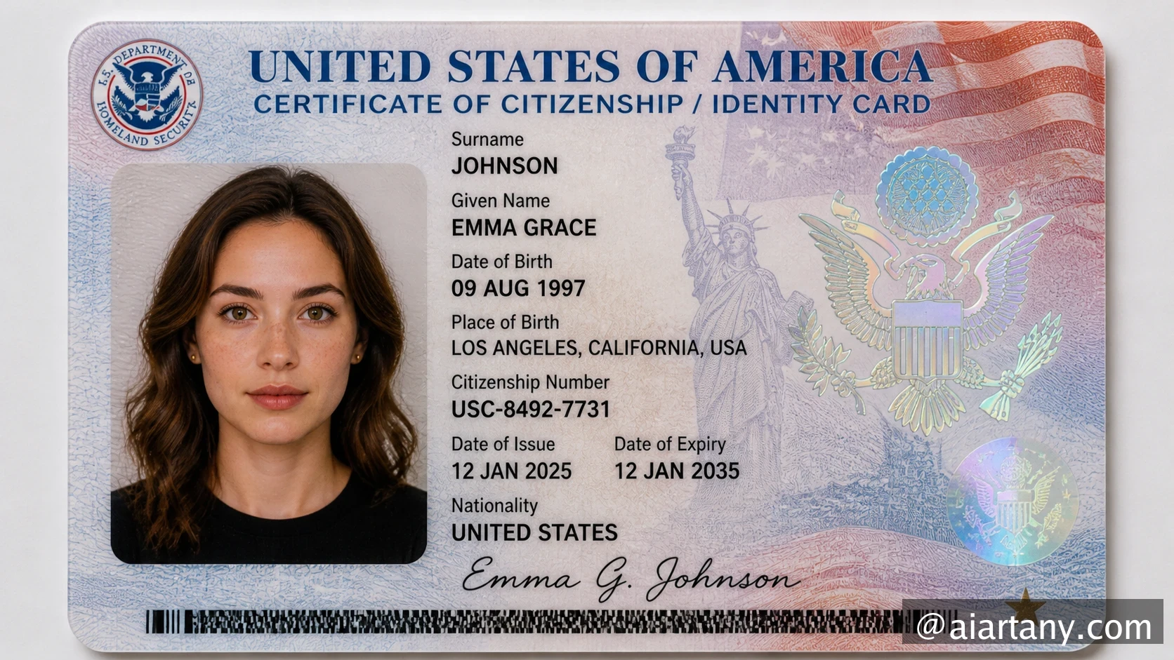 Ultra-realistic 16:9 close-up scan of a United States citizenship card placed on a clean light grey/white background. The card is horizontally aligned — GPT Image 2